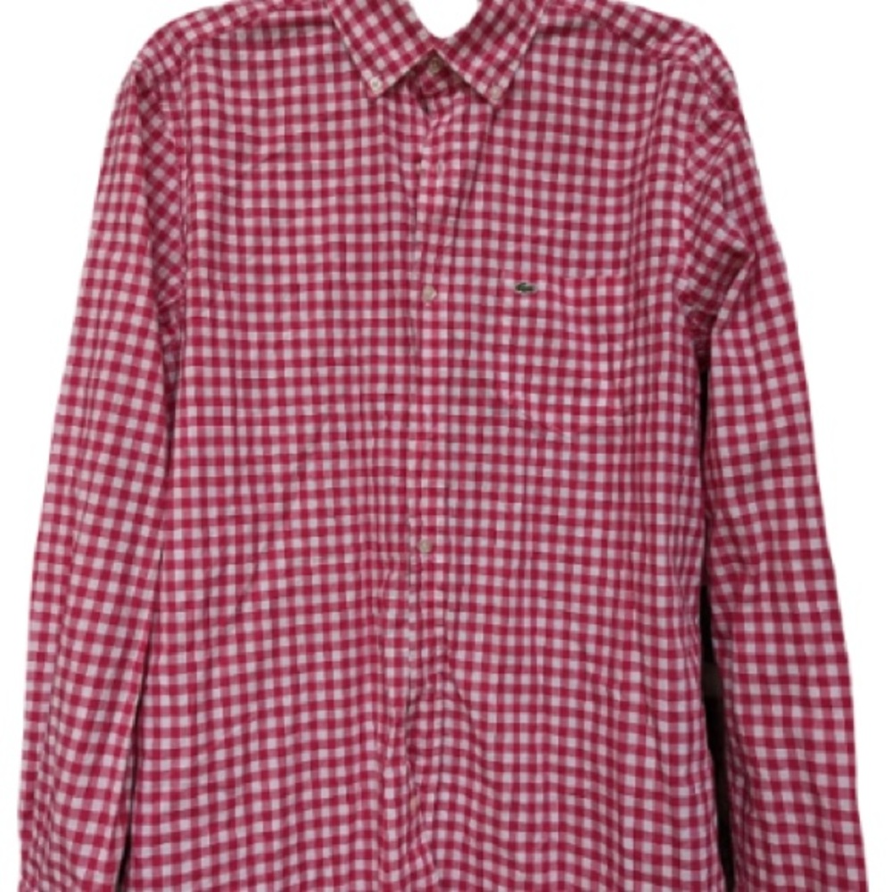 Lacoste Men’s Shirt Long sleeved Cotton Button up Pink and White Gingham Sz 44